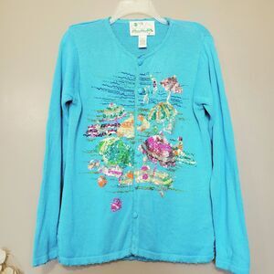 The Quacker Factory Cardigan Sweater Womens Size Small Sequined Beach Blue Knit